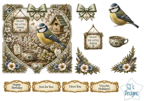 Blue Tit Bird Heart Frame Card Front – Nature & Cottage Garden Printable with Sentiment Labels