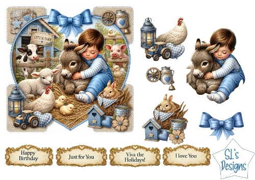 Little Farm Hug Card Front – Child & Donkey Country Printable with Sentiment Labels