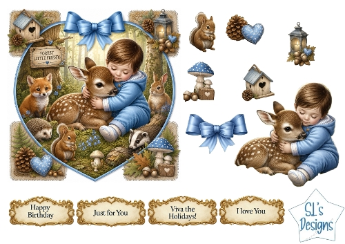Forest Little Friends Heart Frame Card Front – Child & Fawn Woodland Printable with Sentiment Labels