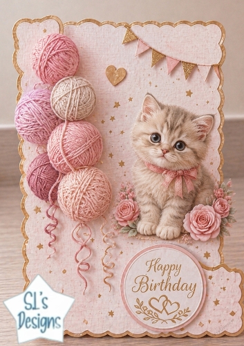 Elegant Kitten & Roses Birthday Topper – Pink & Gold Scalloped Card Front