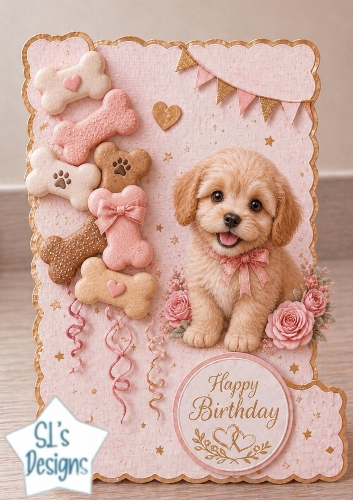 Cute Puppy & Pink Roses Birthday Topper – Gold Scalloped Card Front