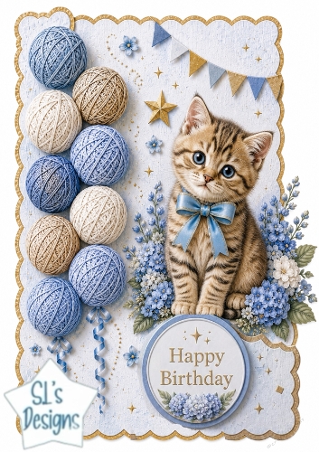 Blue Kitten & Flowers Birthday Topper – Gold Scalloped Card Front