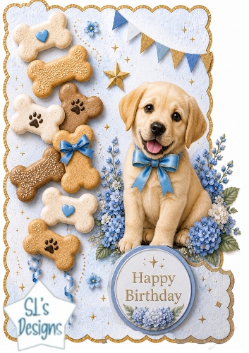 Blue Kitten & Flowers Birthday Topper – Gold Scalloped Card Front