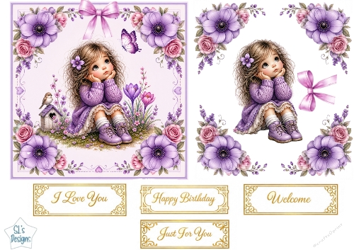 Purple Doll & Floral Garden Topper – Vintage Style Card Front