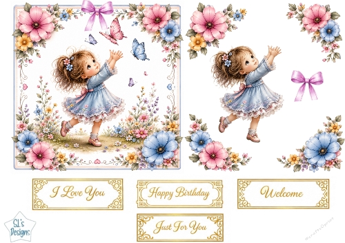 Blue Dress Child & Spring Garden Topper – Floral Lace Card Front