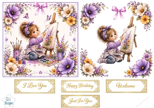 Little Painter & Floral Art Studio Topper – Purple & Yellow Card Front