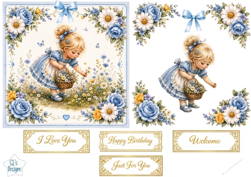 Blue Dress Child & Daisy Garden Topper – Vintage Floral Card Front