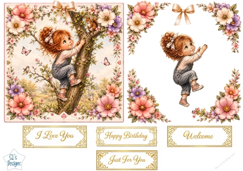 Little Explorer & Woodland Friends Topper – Pink Floral Vintage Card Front