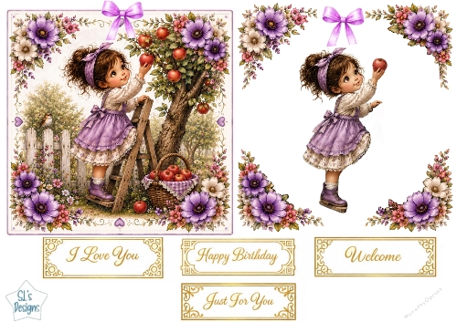 Apple Picking Child & Purple Floral Topper – Vintage Garden Card Front