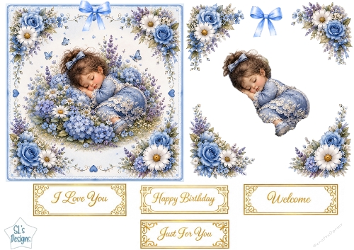Sleeping Baby in Blue & Floral Corners Topper – Soft Pastel Card Front