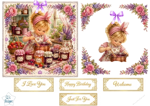 Little Jam Maker & Berry Kitchen Topper – Vintage Floral Card Front