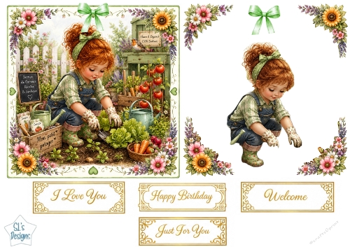 Little Gardener & Vegetable Patch Topper – Green Floral Country Card Front
