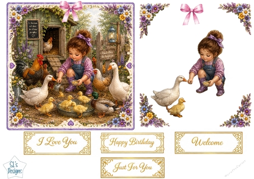 Little Duck Feeder & Pink Floral Farm Topper – Vintage Country Card Front