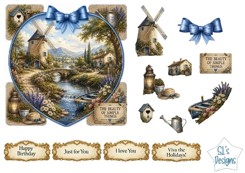 Country Windmill Heart Frame Card Front – Rustic Landscape Printable with Sentiment Labels
