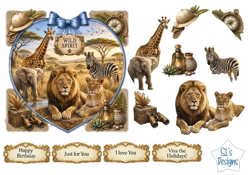 Wild Spirit Safari Heart Frame Card Front – African Wildlife Printable with Sentiment Labels