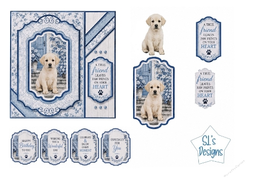 Puppy Card Kit – Labrador, Blue Floral Frame & Friendship Sentiments – Elegant Printable Topper