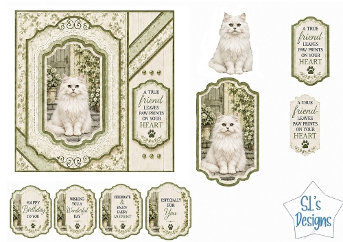 White Cat Card Kit – Rustic Door, Green Floral Frame & Friendship Sentiments – Elegant Printable Topper