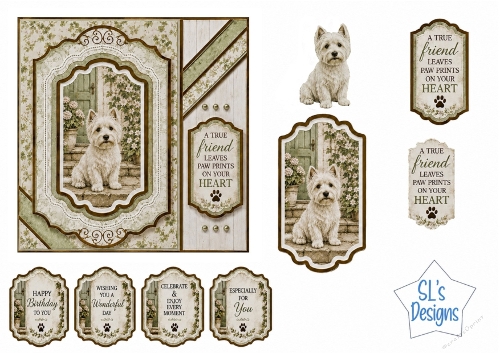 Westie Dog Card Kit – Green Door, Floral Frame & Friendship Sentiments – Elegant Printable Topper