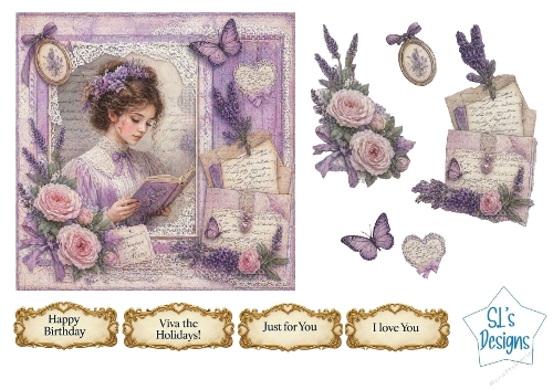 Lavender Lady Card Kit – Vintage Reading Scene, Roses & Butterflies – Elegant Printable Topper