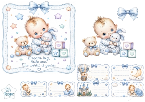 Baby Boy Dreamland Topper – Blue Nursery Card Front