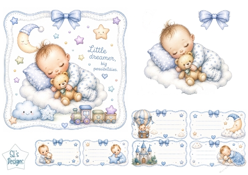 Little Dreamer Baby Boy Topper – Blue Cloud & Moon Nursery Card Front