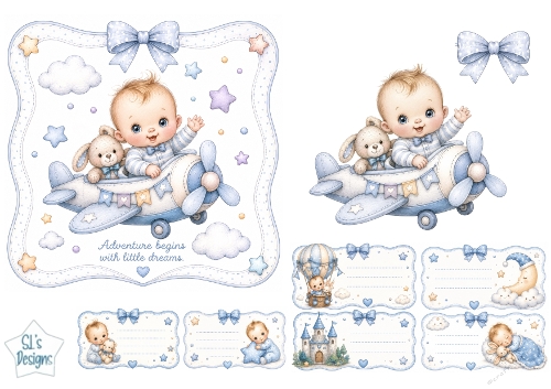 Baby & Bunny Airplane Topper – Blue Sky Adventure Card Front