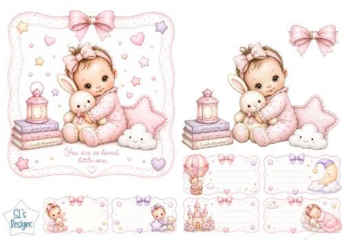 Baby Girl & Bunny Hug Topper – Pink Storybook Dreams Card Front