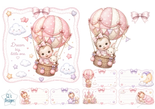 Baby Girl Hot‑Air Balloon Topper – Pink Dream Big Card Front