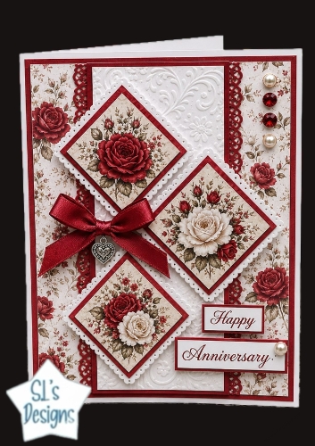 Red & White Rose Anniversary Topper – Elegant Floral Diamond Card Front