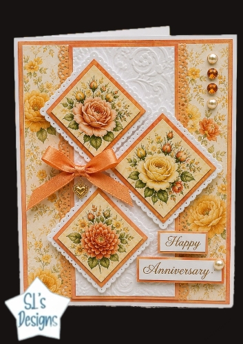 Orange & Cream Rose Anniversary Topper – Elegant Diamond Floral Card Front