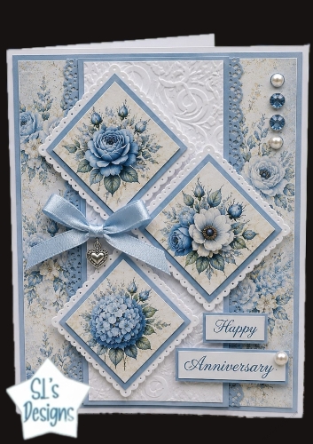 Blue Floral Anniversary Topper – Elegant Diamond Rose Card Front