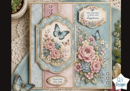 Butterfly Garden Wishes Topper – Pink & Blue Floral Card Front