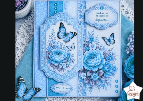 Blue Blossom Happiness Topper – Elegant Floral & Butterfly Card Front