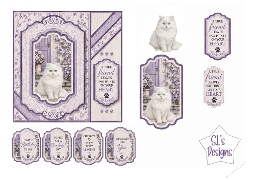 Lavender Door White Cat Card Front – Elegant Pet Printable with Sentiment Panels