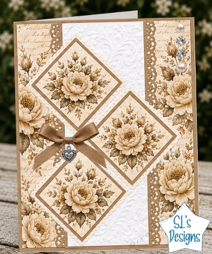 Beige Rose Card Kit – Diamond Panels, Satin Bow & Vintage Script – Elegant Printable Topper