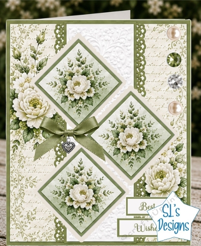 White Flower Card Kit – Diamond Panels, Green Ribbon & Vintage Script – Elegant Printable Topper