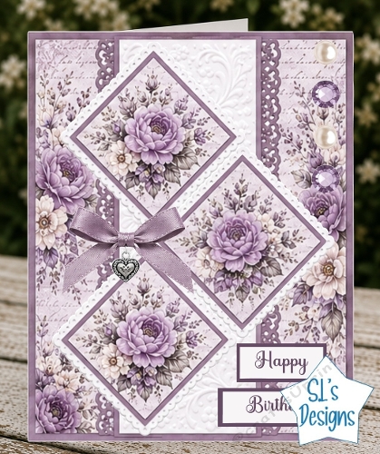Purple Flower Card Kit – Diamond Panels, Lavender Ribbon & Elegant Birthday Topper