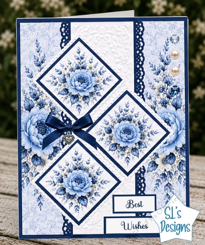 Blue Flower Card Kit – Diamond Panels, Navy Ribbon & Elegant Best Wishes Topper