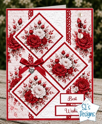 Red Rose Card Kit – Diamond Panels, Satin Ribbon & Elegant Best Wishes Topper