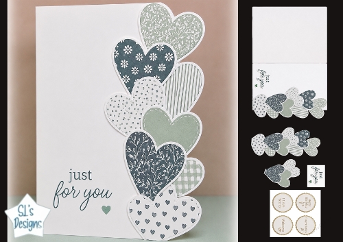 Green & Blue Patchwork Hearts Card Front – Just for You Layered Topper