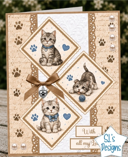 Kitten Card Kit – Diamond Panels, Brown Ribbon & With All My Love Topper