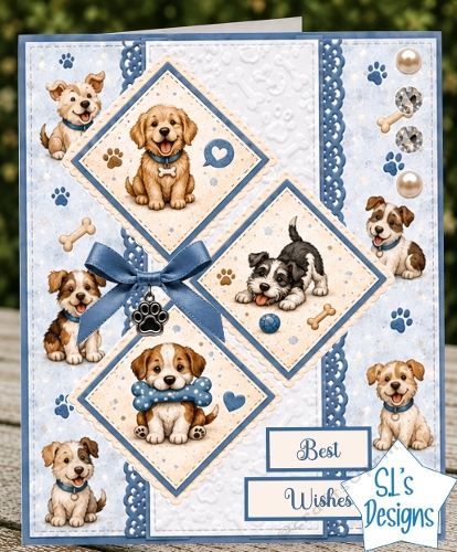 Puppy Card Kit – Diamond Panels, Blue Ribbon & Cute Best Wishes Topper