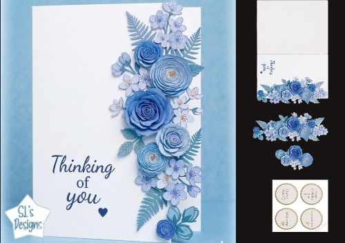 Blue Paper‑Flower Card Front – Elegant Thinking of You Topper