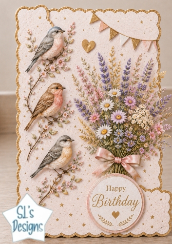 Birdsong & Blossoms Birthday Card Front – Elegant Happy Birthday Topper
