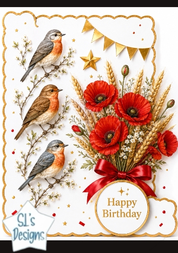 Birdsong & Red Poppy Birthday Card Front – Elegant Happy Birthday Topper