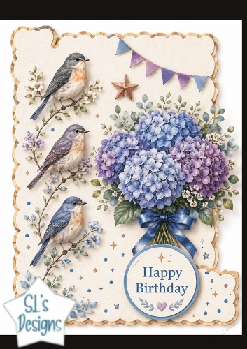 Birdsong & Hydrangea Birthday Card Front – Elegant Happy Birthday Topper
