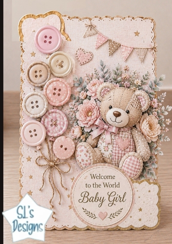 Baby Girl Welcome Card Front – Patchwork Teddy & Floral Newborn Topper