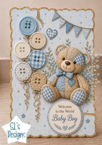 Baby Boy Welcome Card Front – Patchwork Teddy & Blue Newborn Topper