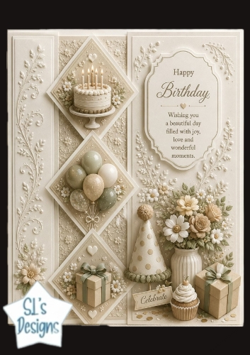 Elegant Birthday Cake & Diamond Panels – Luxury Celebrate Your Special Day Card Front