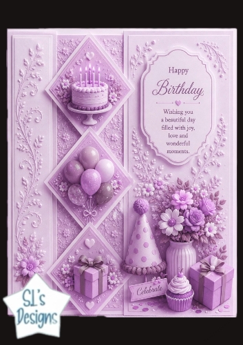 Purple Birthday Cake & Diamond Panels – Elegant Celebrate Your Special Day Card Front